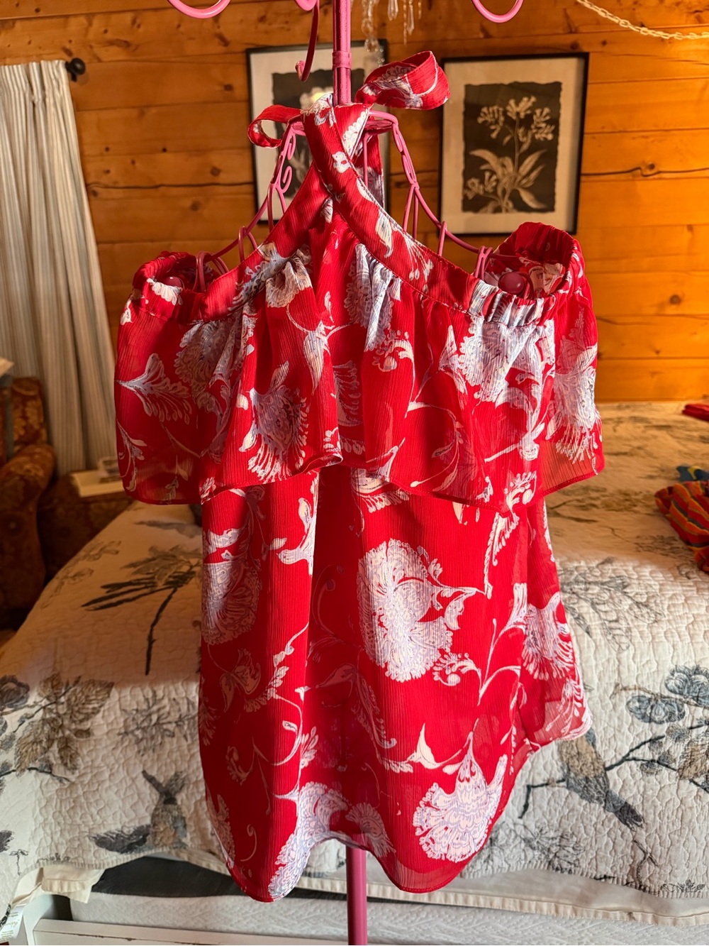 Tommy Hilfiger Red Floral Ruffle Tie-Neck Camisole